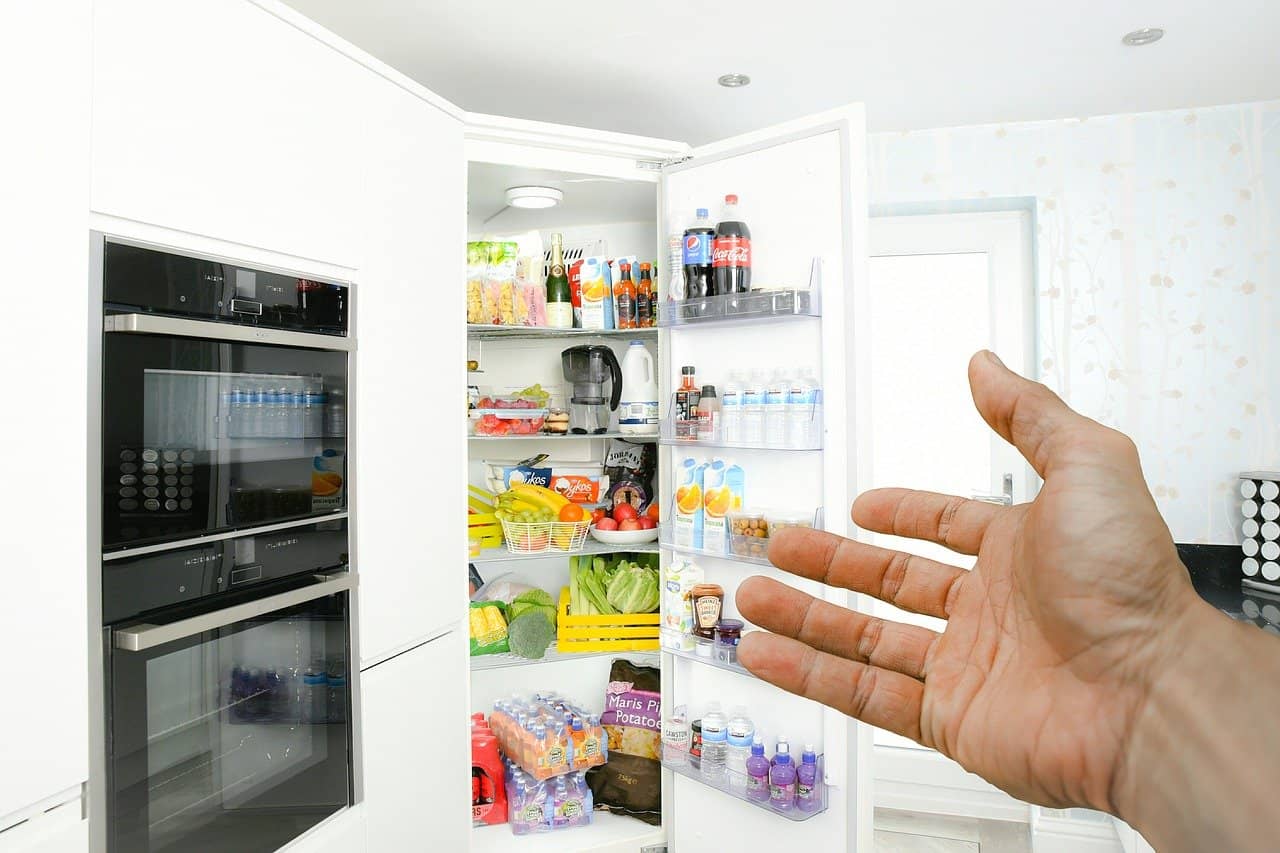 hand in front of a fridge