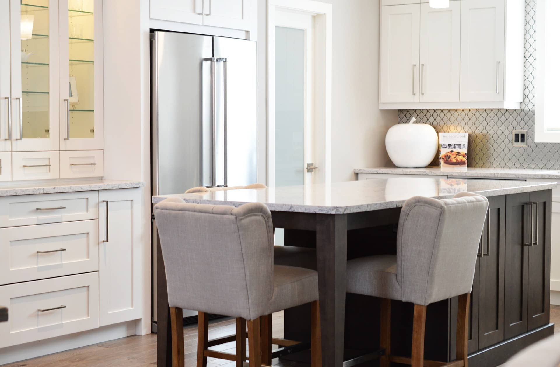 kitchen island with a refrigerator