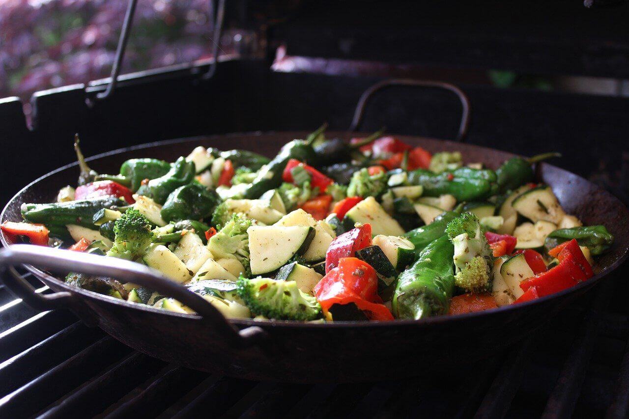 pan of vegetables on the grill